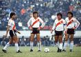 1986年トヨタカップ。左からアロンソ、ネルソン・グティエレス、アメリコ・ガジェゴ、オスカール・ルジェリ。いずれも代表チームに名を連ねた名手ばかり。　(C) SOCCER DIGEST